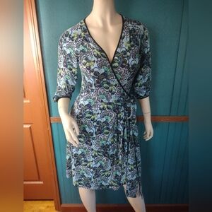 Robert Graham Boho Chic V-neck Floral Paisley Blue & Green Wrap Dress
